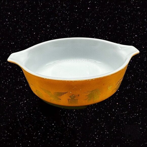 Vintage Pyrex Early American Refrigerator Dish Brown & White 471 1pt 7.5”W 2”T - Picture 2 of 11